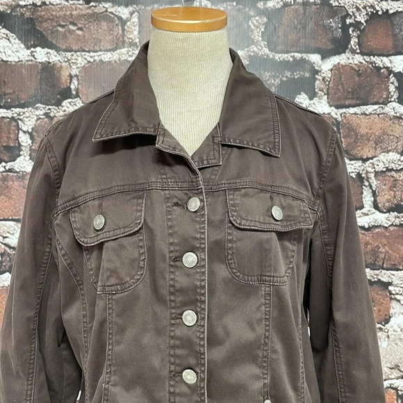 Live a Little Denim Jacket Buttons Brown Size Large L - Picture 9 of 17